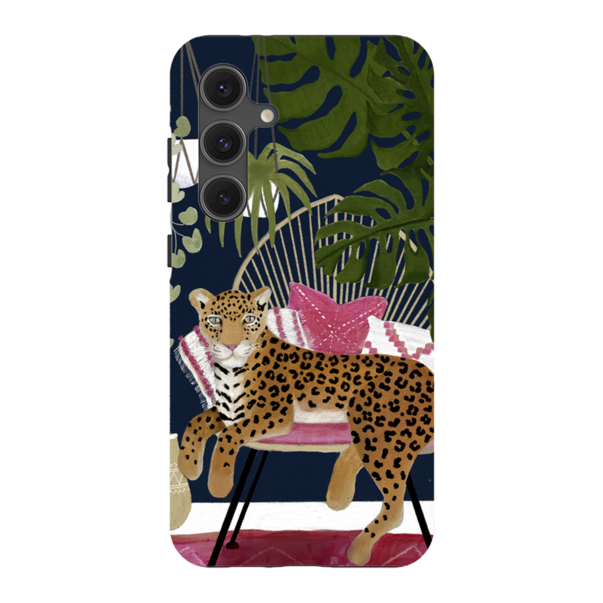 Samsung Tough Case featuring a boho leopard illustration, tropical plants, and pink accents on a dark blue background.