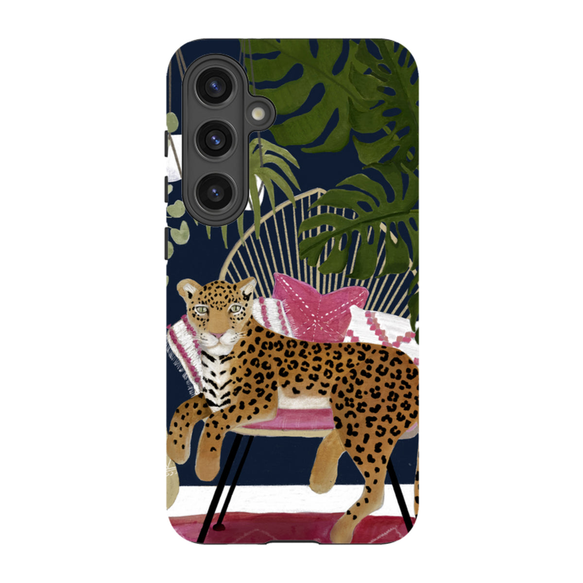 Samsung Tough Case featuring a leopard on a chair with tropical leaves in a vibrant, artistic boho style.