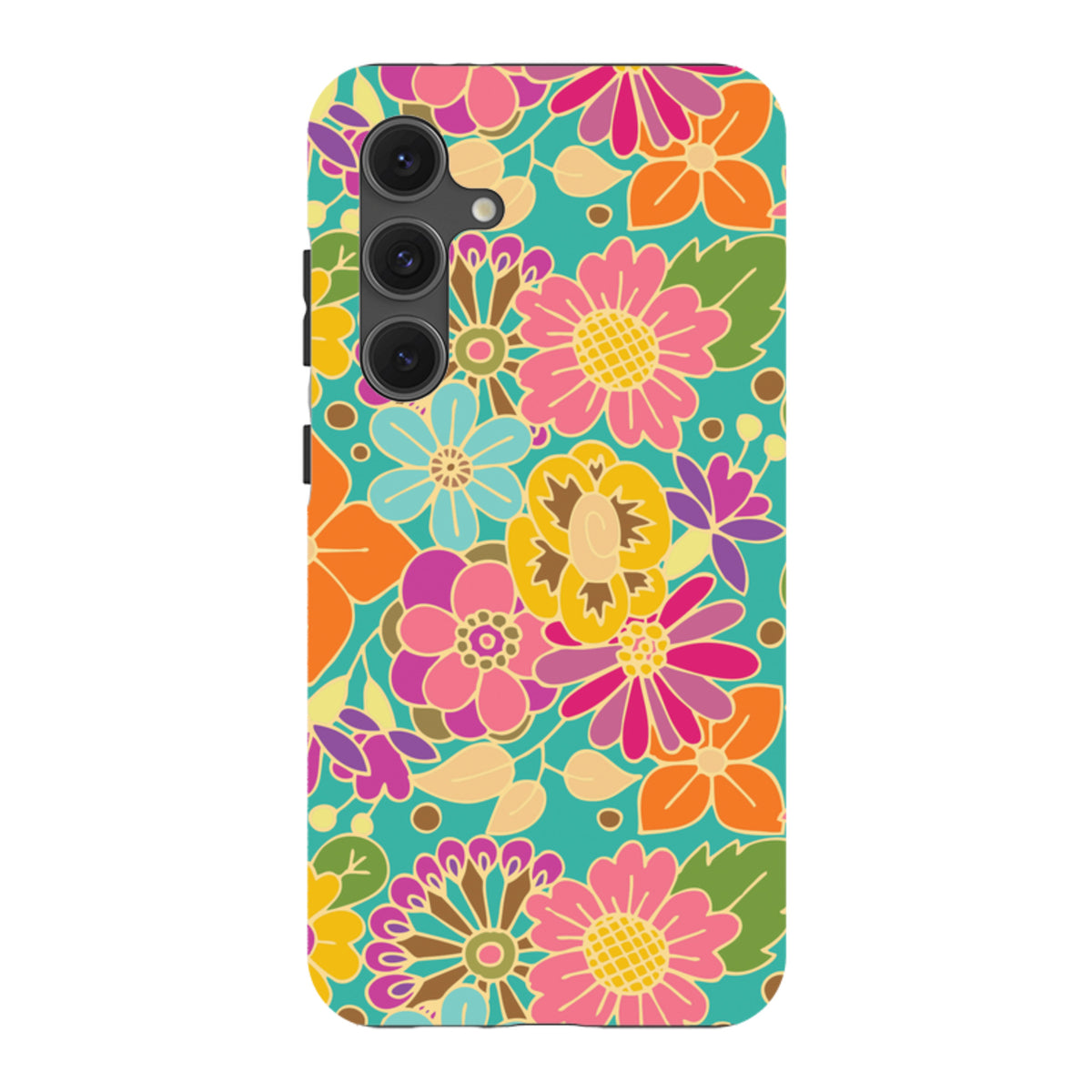 Samsung Tough Case featuring a vibrant, colorful floral bouquet pattern on a teal background with dual-layer protection.