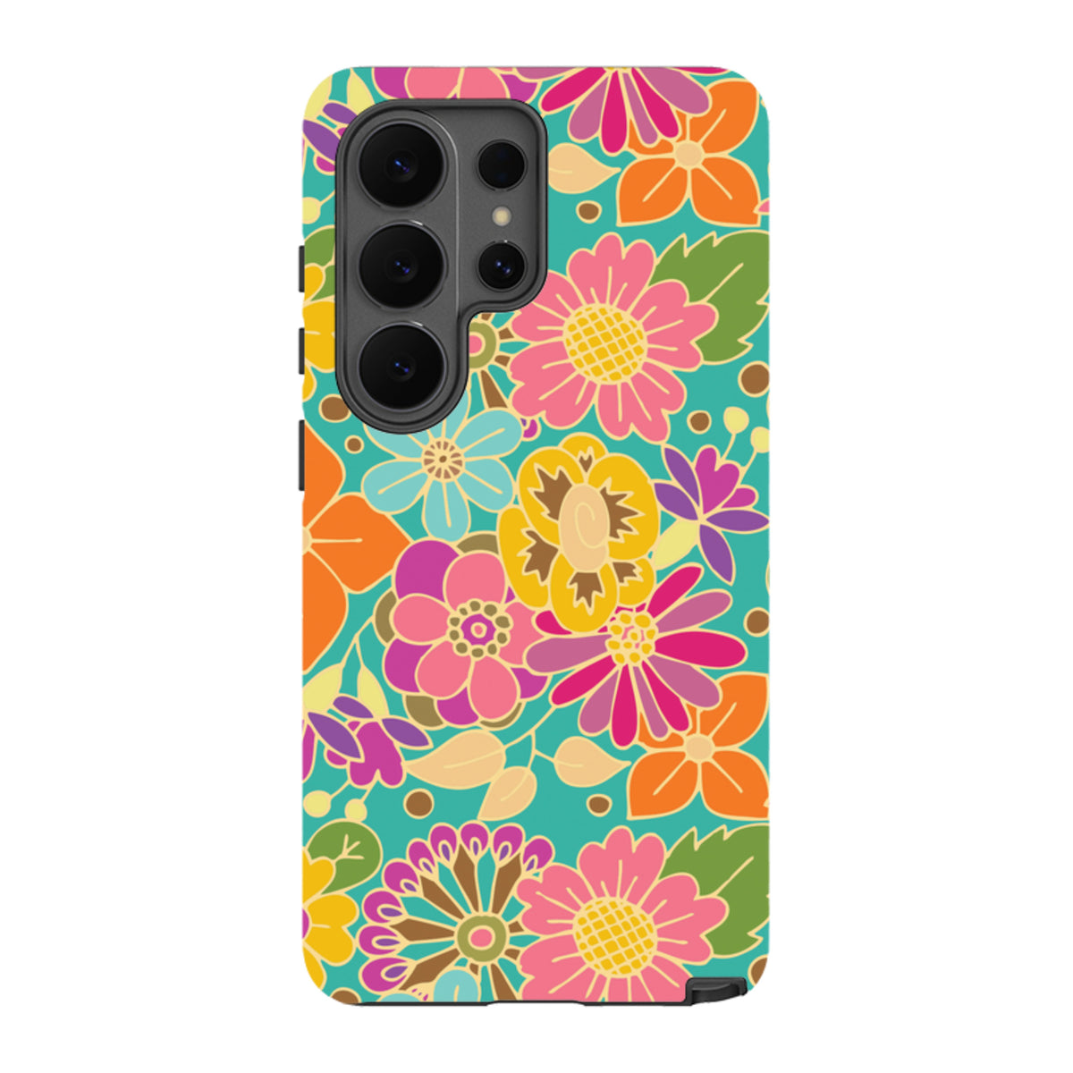 Samsung Tough Case featuring a vibrant, colorful floral bouquet pattern on a teal background for Galaxy devices.