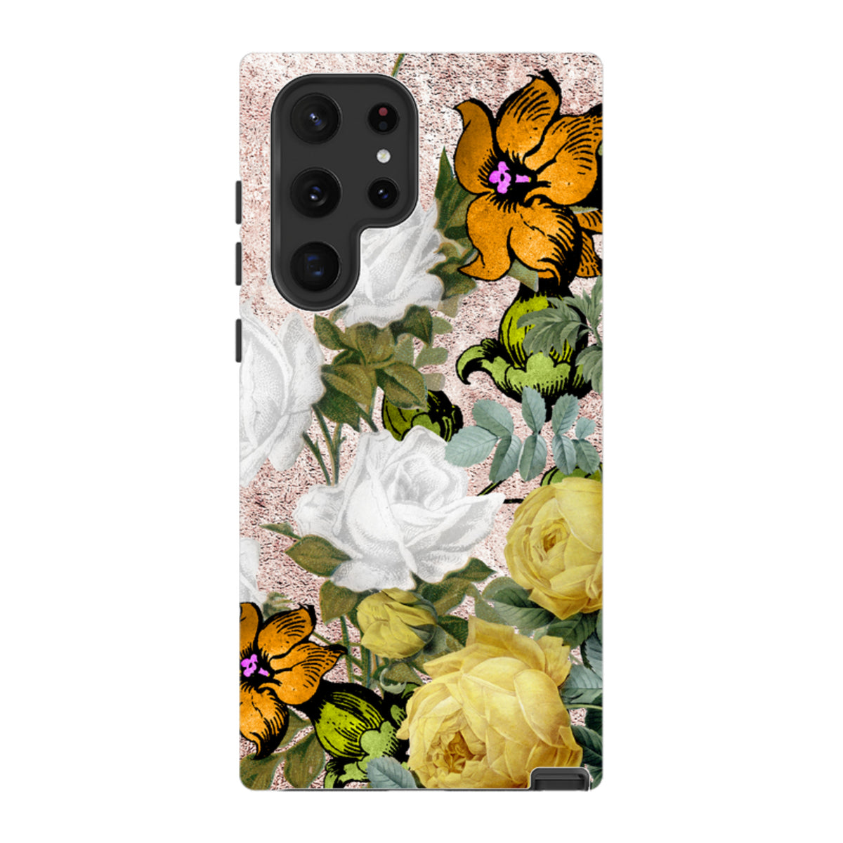 Samsung Galaxy tough case with a textured pink background and vibrant yellow, white, and orange floral botanical print.