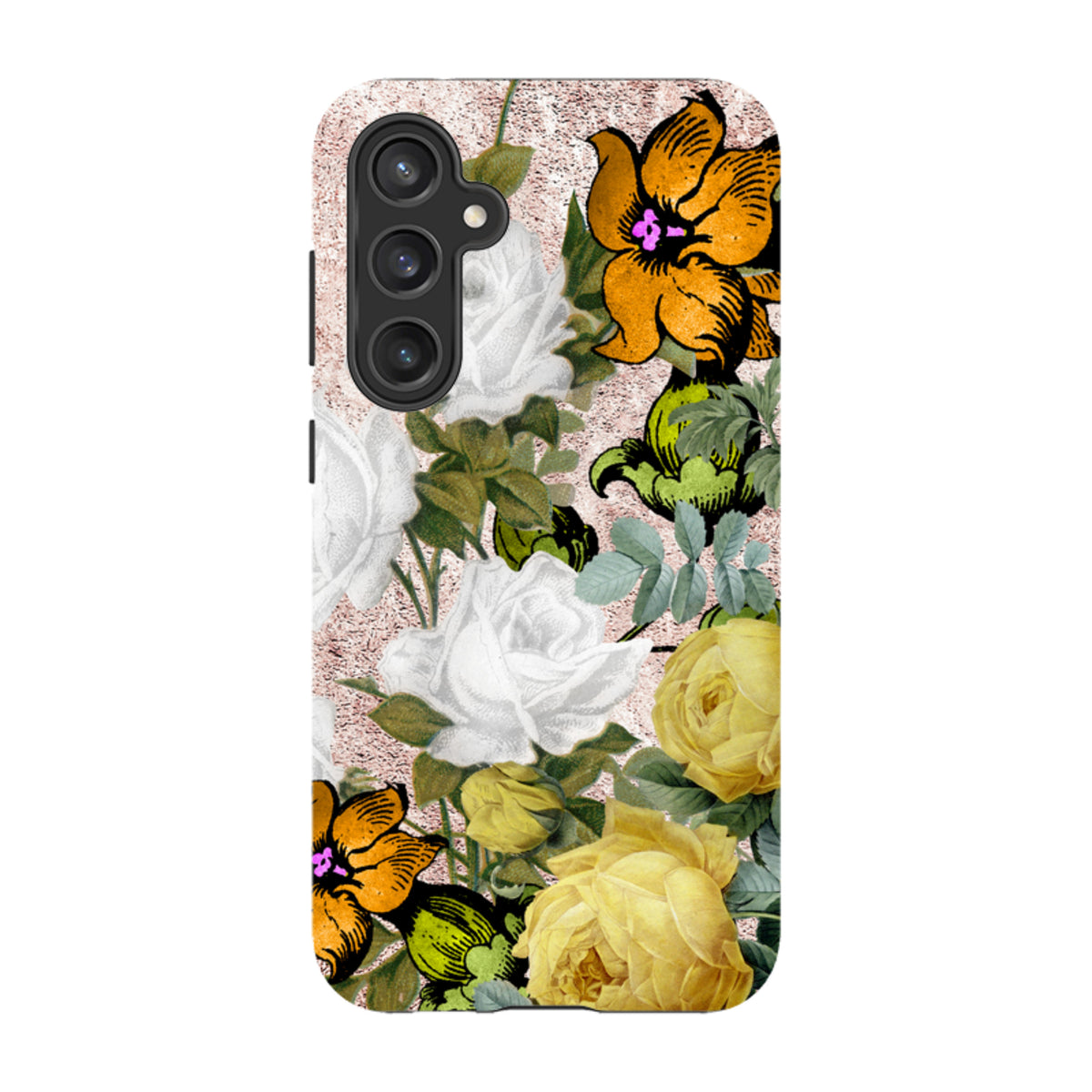 Samsung Tough Case featuring a vintage floral design with yellow and white roses on a textured, rose-gold background.