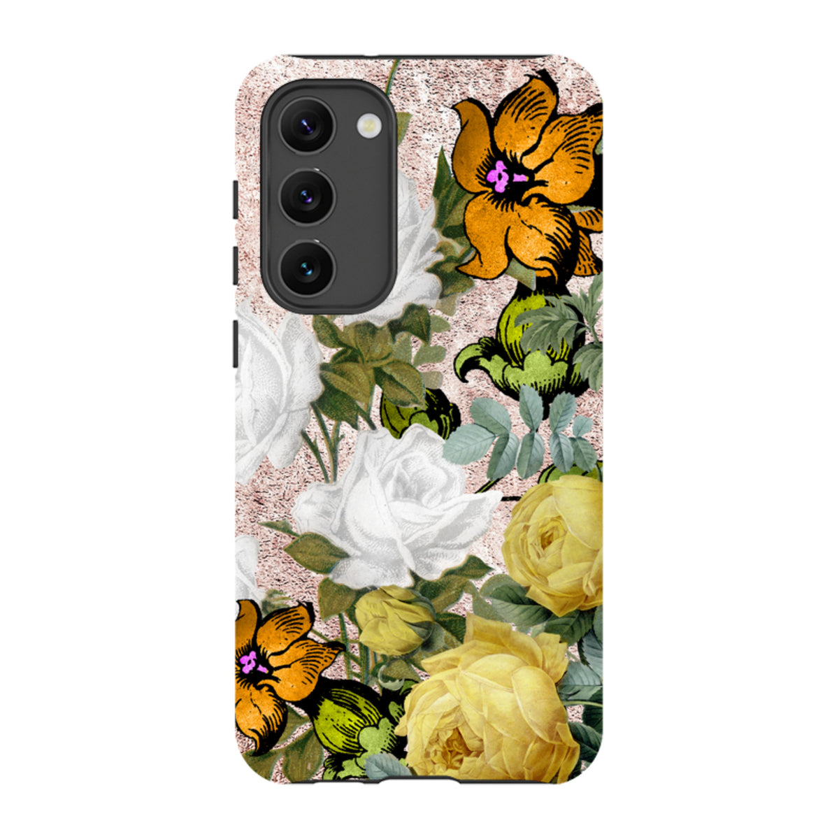 Samsung Galaxy tough case with a floral Bowes design featuring yellow and white roses on a textured rose gold background.