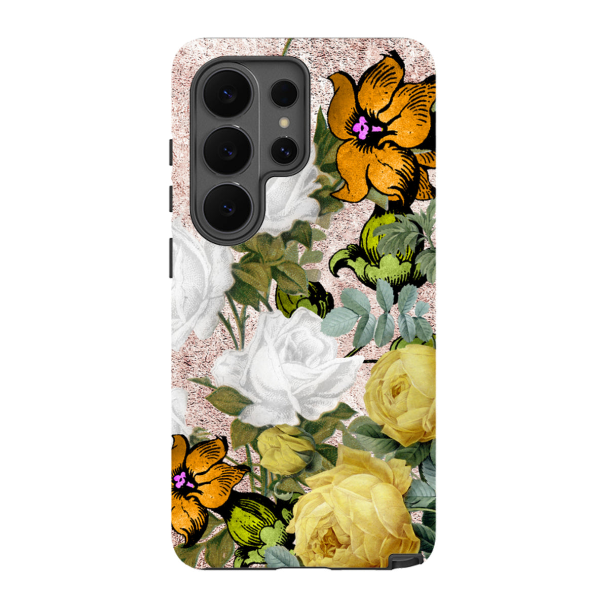 Samsung Tough Case featuring a vibrant floral print with yellow and white roses on a textured rose gold background.