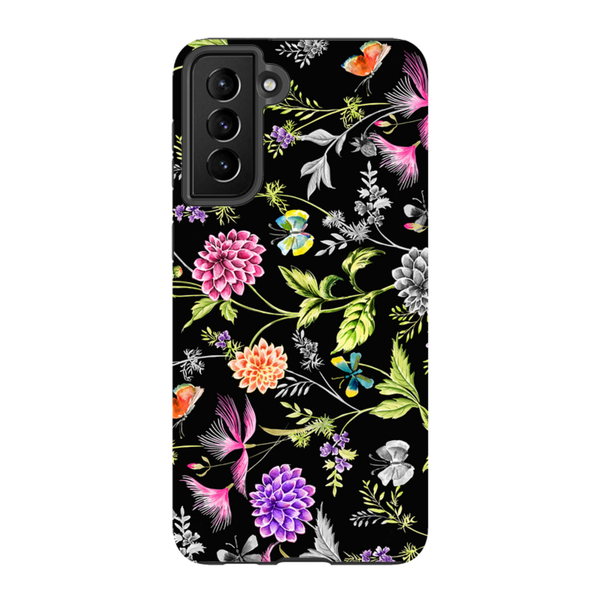 Samsung Tough Case with vibrant floral and butterfly print on a black background, featuring dual-layer protective design.