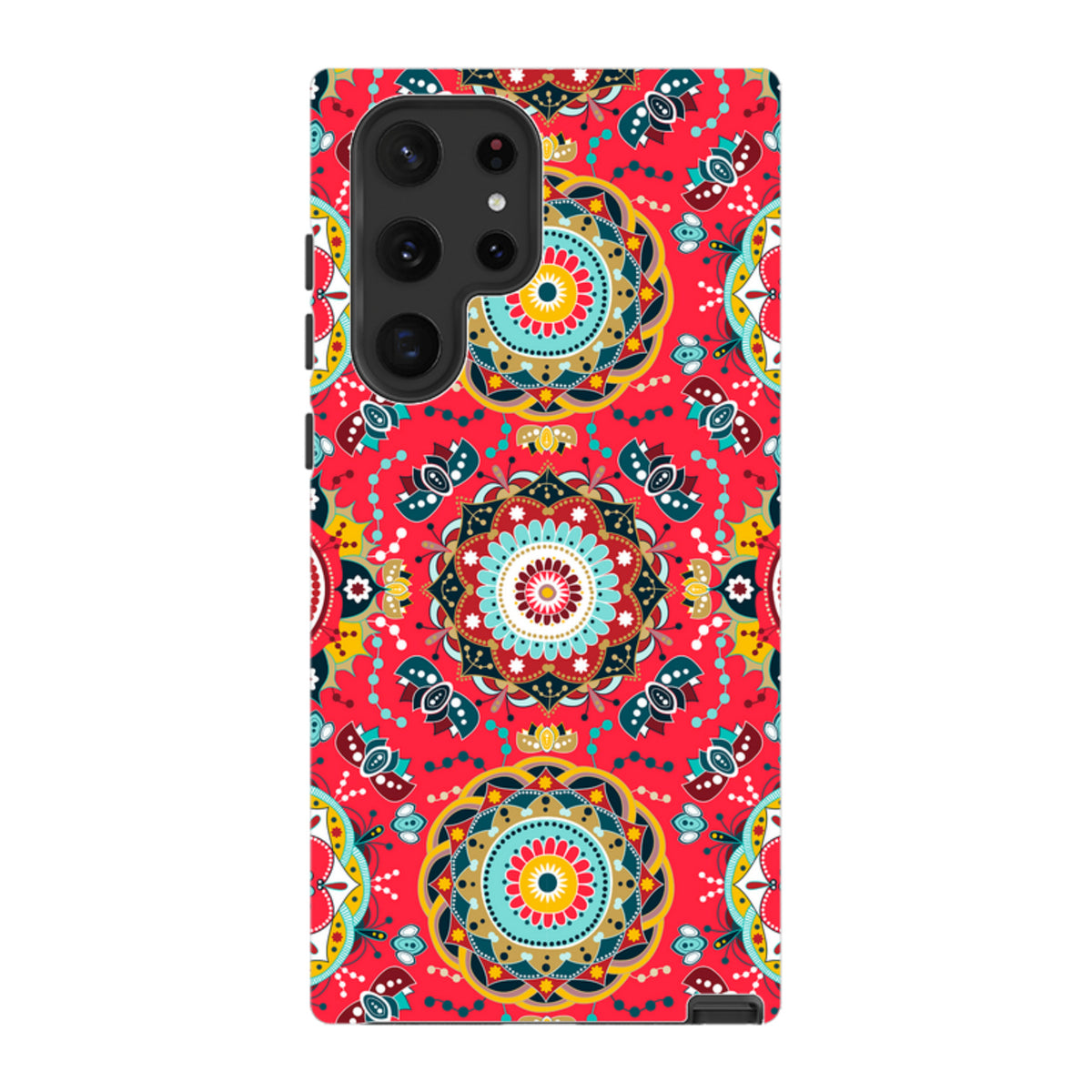 Samsung Tough Case in Burford design featuring a vibrant red mandala pattern with teal and yellow accents for Galaxy phones.