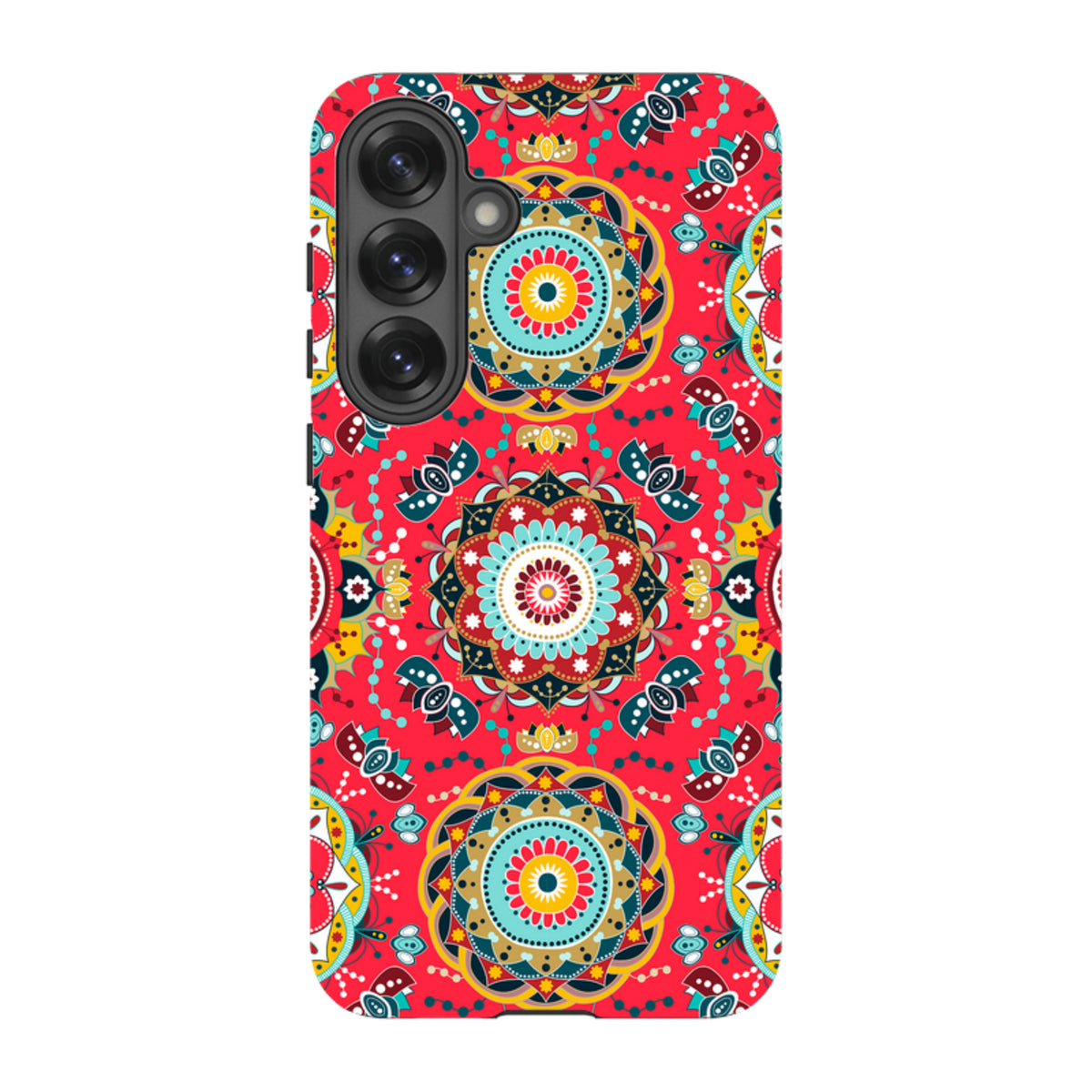 Samsung Tough Case in Burford design featuring a vibrant red mandala pattern with teal and yellow accents.