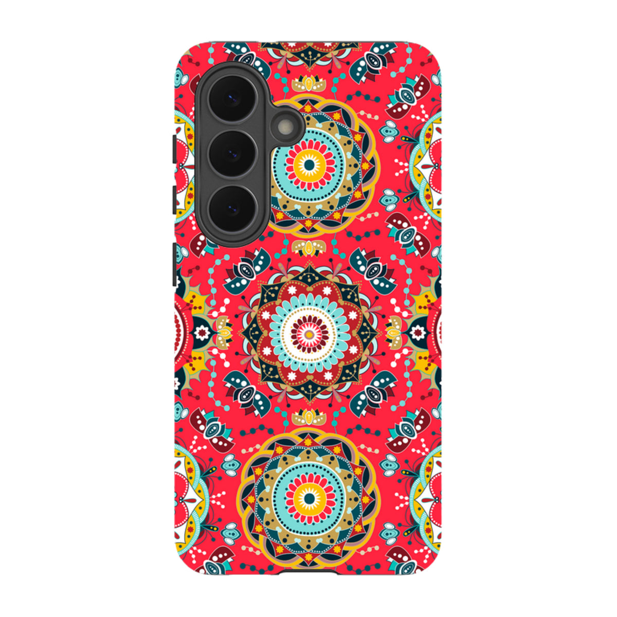 Samsung Tough Case featuring a vibrant red mandala pattern with intricate floral details and a durable dual-layer design.