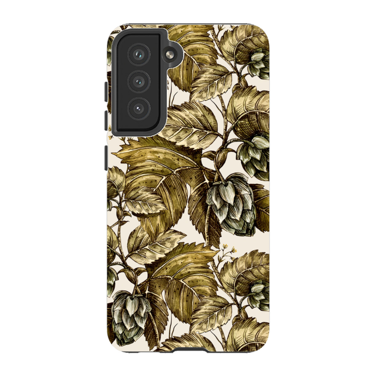 Samsung Galaxy tough case featuring a vintage botanical Buscot Park print with green leaves and hops on a cream background.