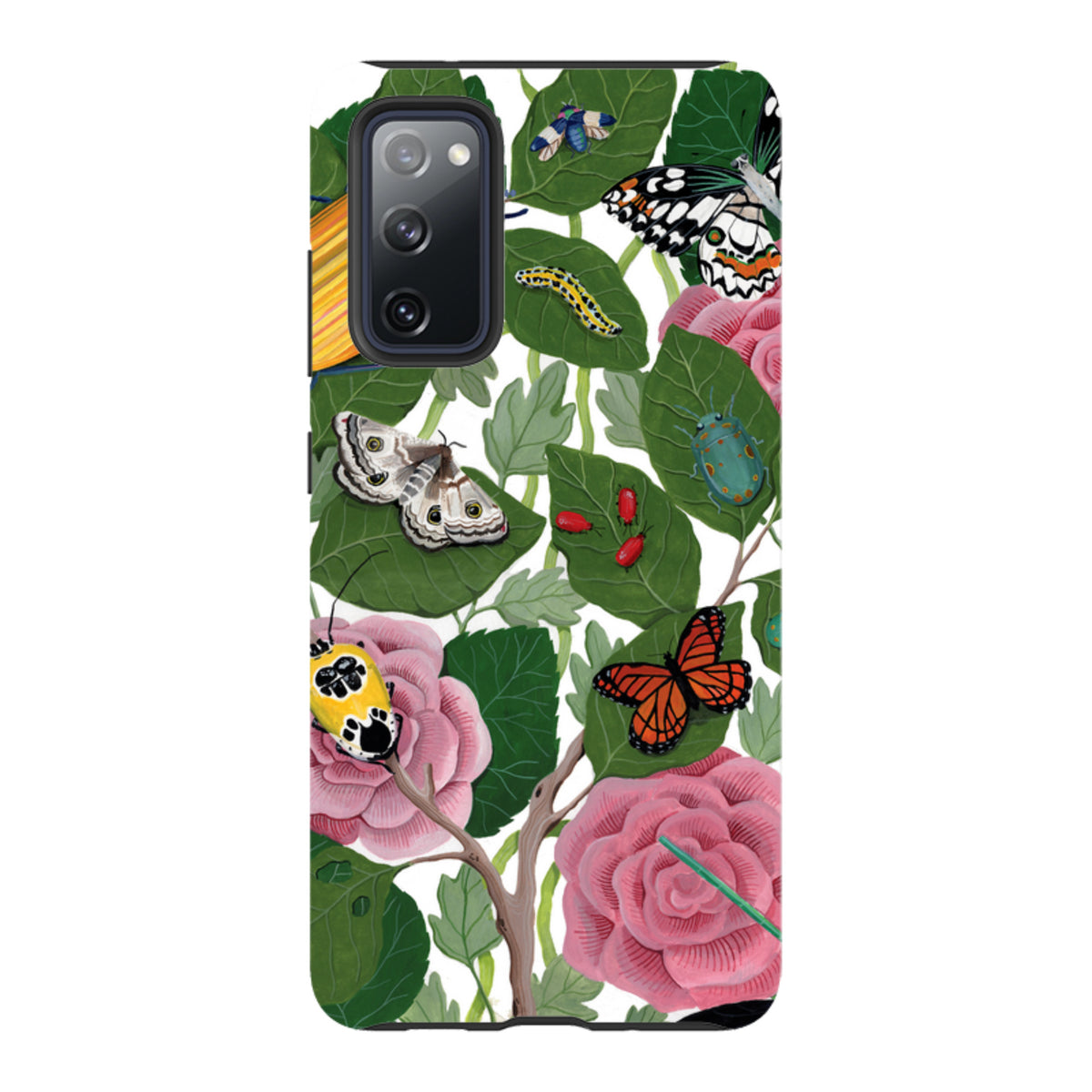Samsung Tough Case featuring a vibrant botanical print of colorful butterflies, beetles, and pink flowers on a white background.
