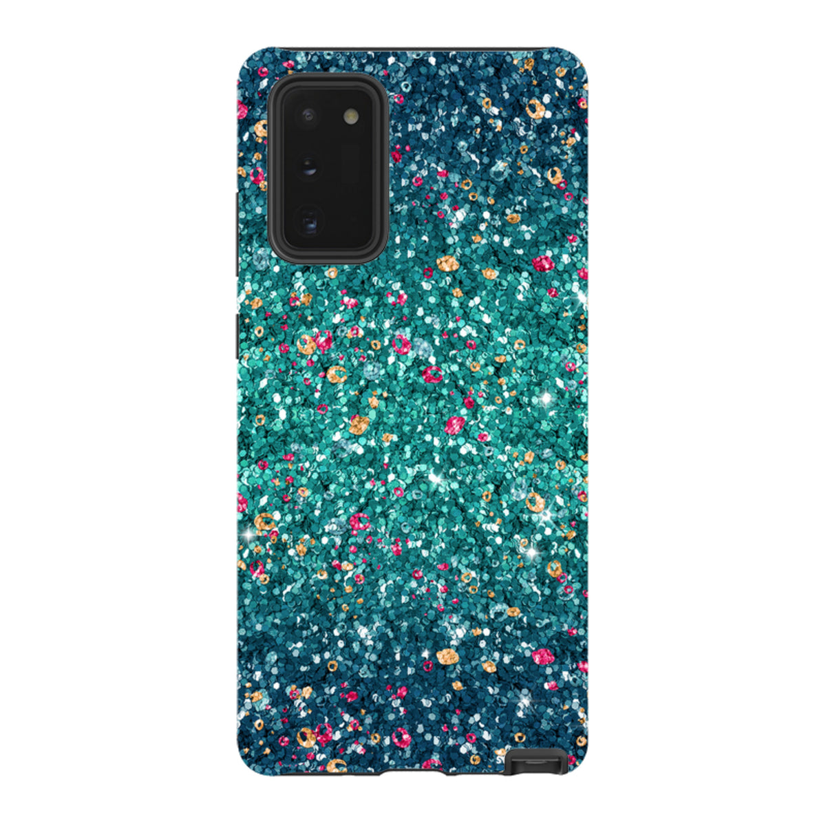 Samsung Tough Case featuring a teal and multicolored butterfly comet print with a smooth, non-glitter finish.