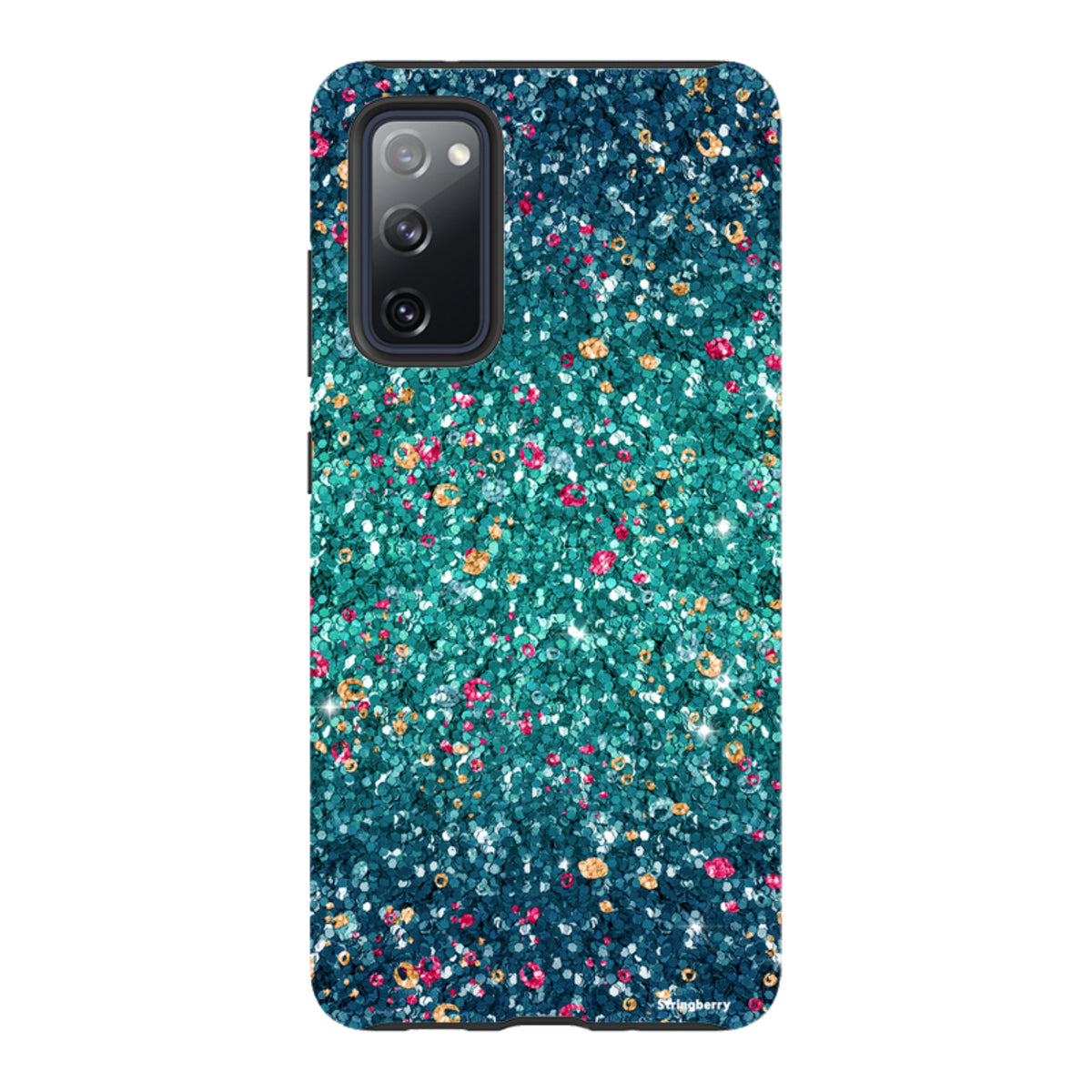 Samsung Tough Case featuring a teal and multicolored butterfly comet print with a smooth, non-glitter matte finish.