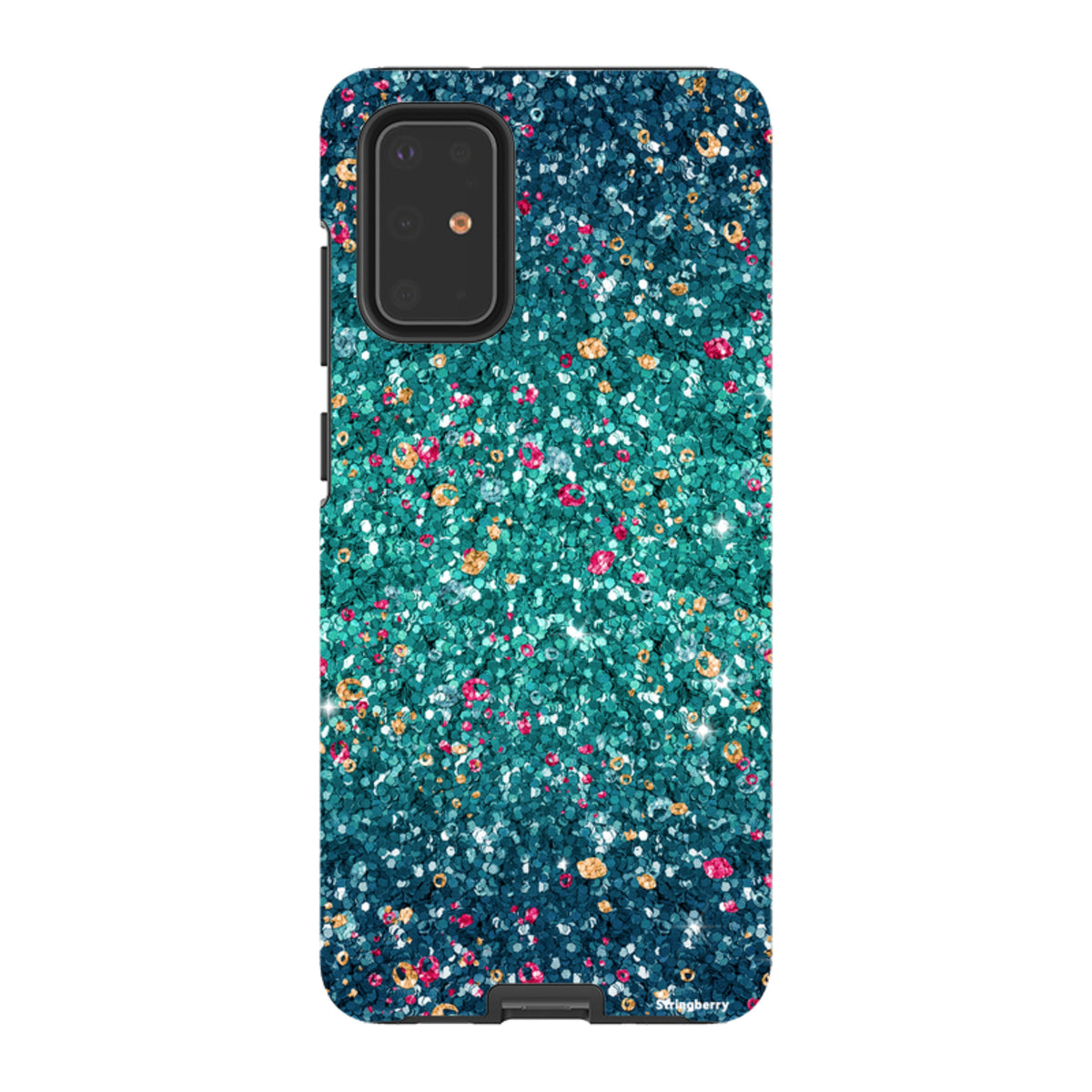 Samsung dual-layer tough phone case with a teal, pink, and gold non-glitter butterfly comet print design.