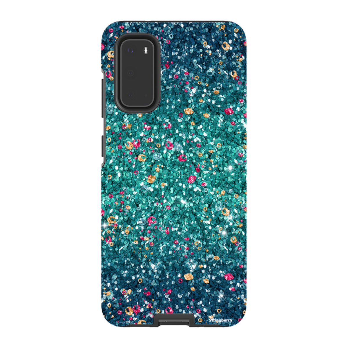 Samsung Tough Case with a teal, pink, and gold butterfly comet print on a dual-layer protective phone cover.