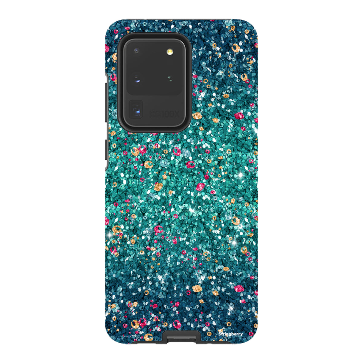 Samsung Galaxy tough case with a teal and blue butterfly comet print featuring a non-glitter matte finish.