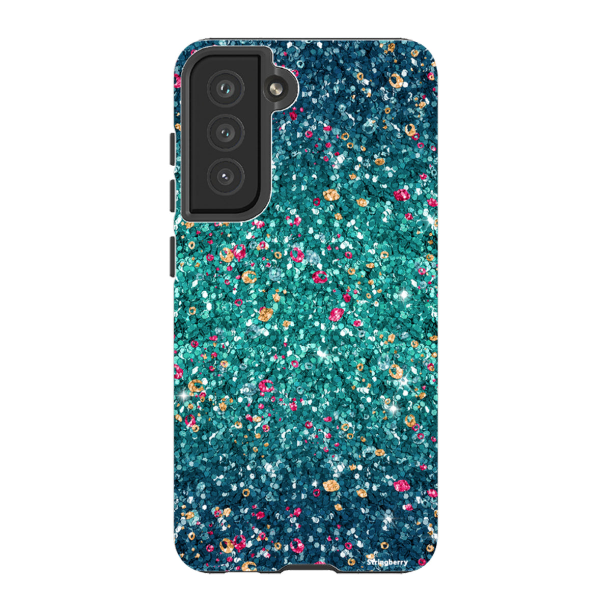 Samsung Tough Case with teal and pink butterfly comet print on a dual-layer protective shell for Galaxy phones.