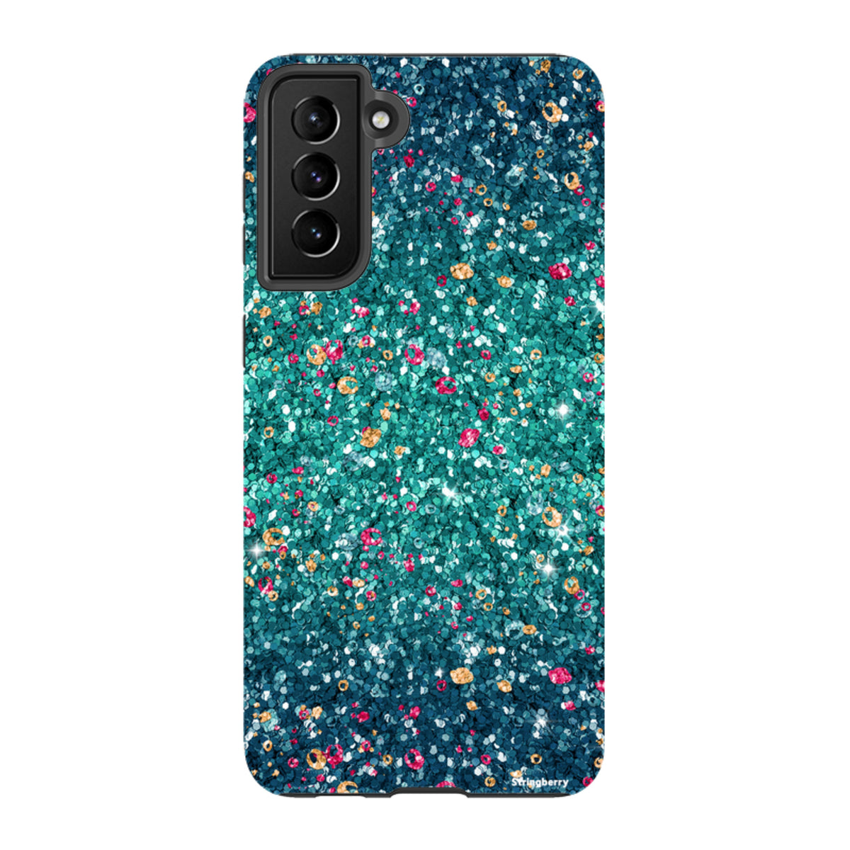 Samsung Tough Case with a teal and multicolored butterfly comet print on a durable dual-layer phone cover.
