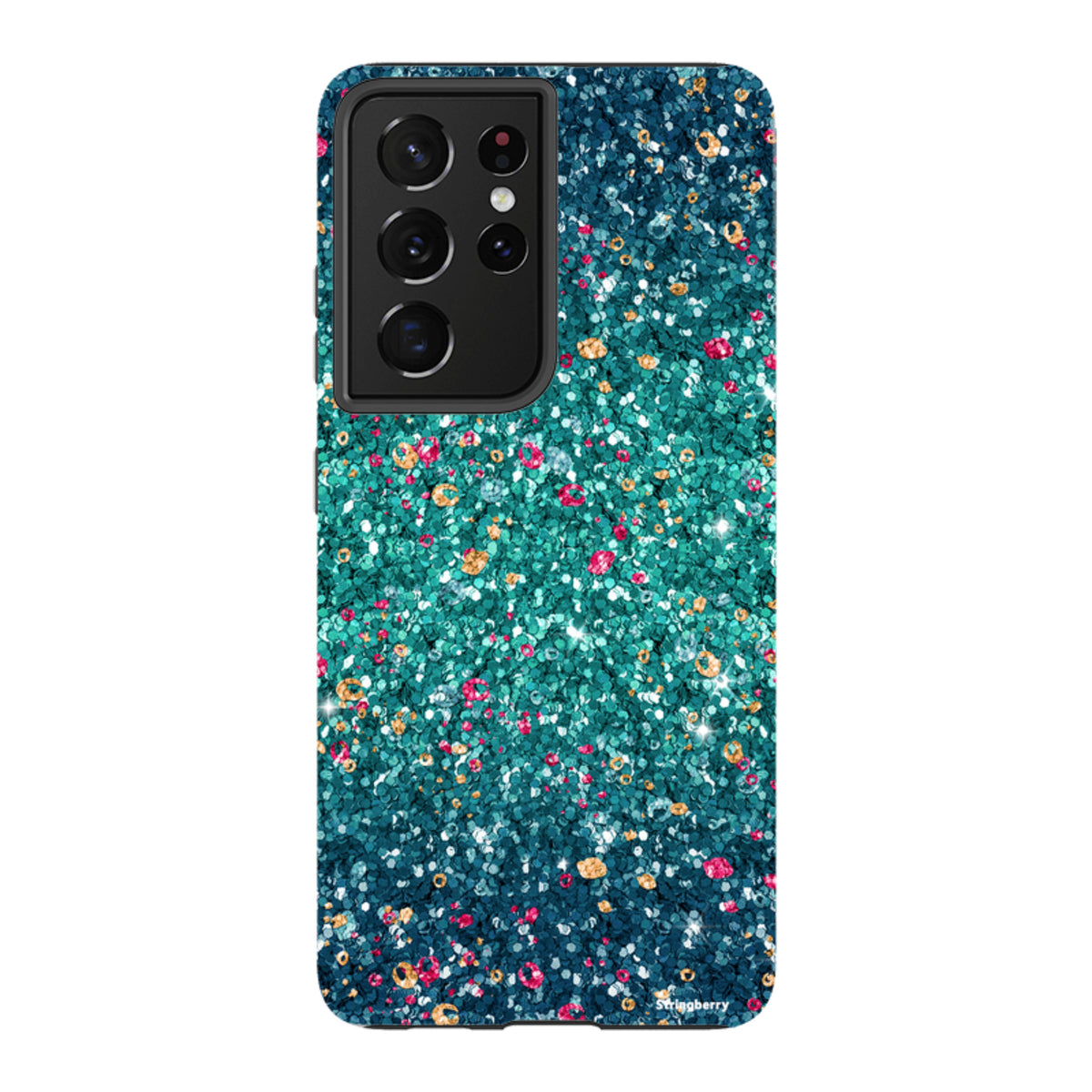 Samsung Galaxy tough case with a teal and multicolored butterfly comet print and dual-layer protective design.