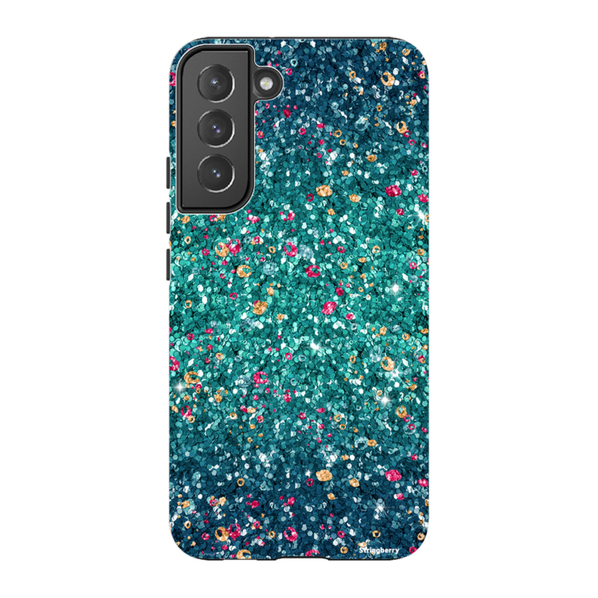 Samsung Galaxy tough case with a teal and blue butterfly comet print featuring a smooth, non-glitter finish.