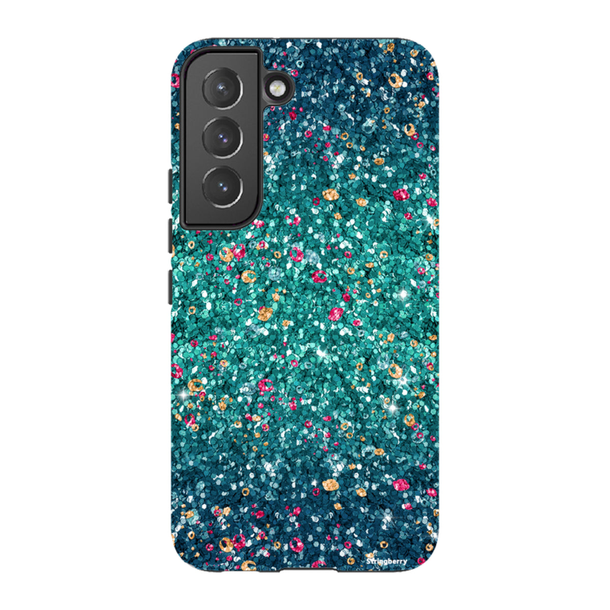 Samsung Tough Case with teal, pink, and gold butterfly comet print on a durable dual-layer protective phone cover.