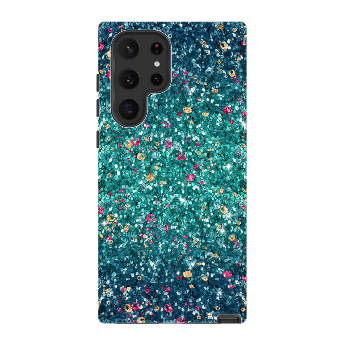 Samsung Tough Case with a teal and pink butterfly comet print on a dual-layer protective shell for Galaxy phones.