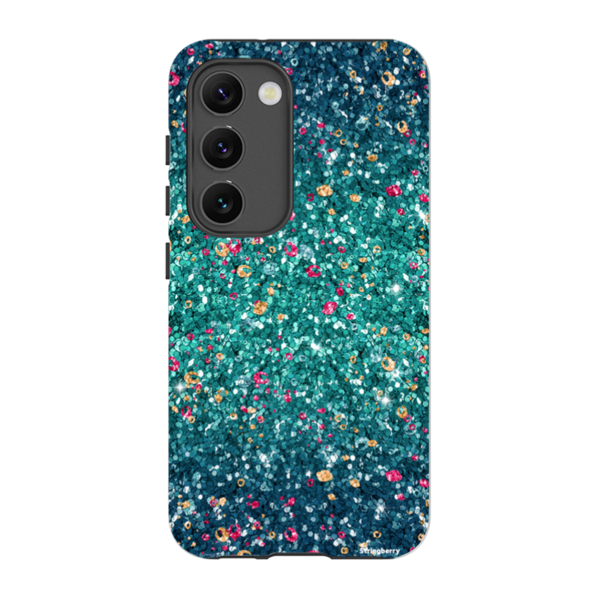 Samsung Galaxy tough case with a teal and blue butterfly comet print featuring a smooth, non-glitter matte finish.