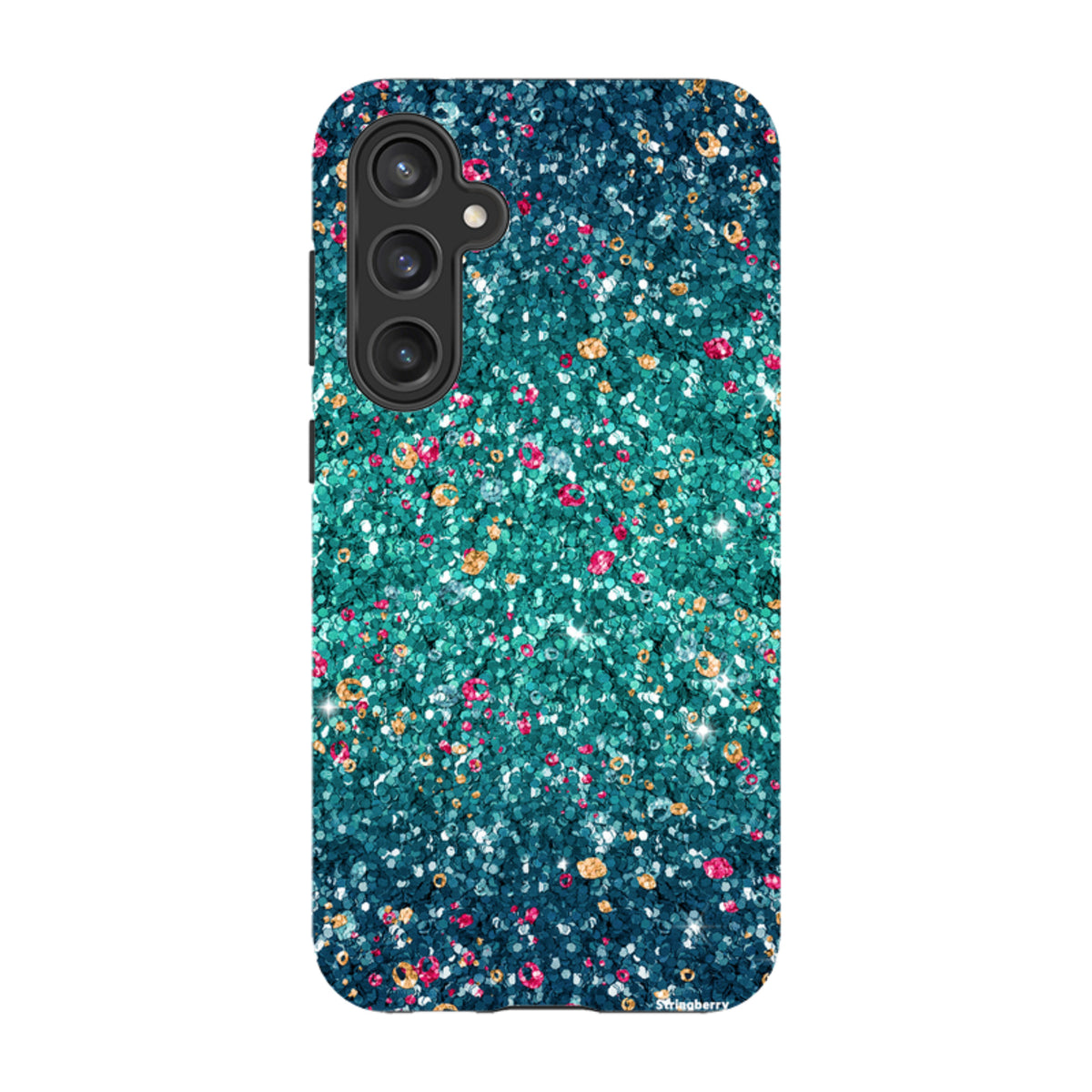 Samsung Tough Case featuring a teal and blue butterfly comet print with a non-glitter matte finish for Galaxy phones.
