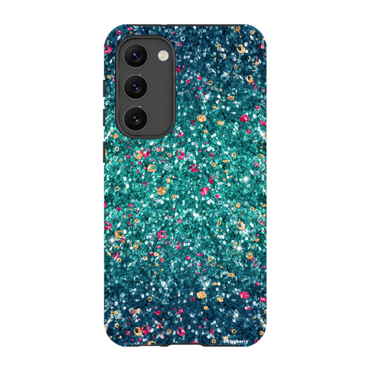 Samsung Tough Case featuring a teal and multicolored butterfly comet print with a smooth, non-glitter matte finish.