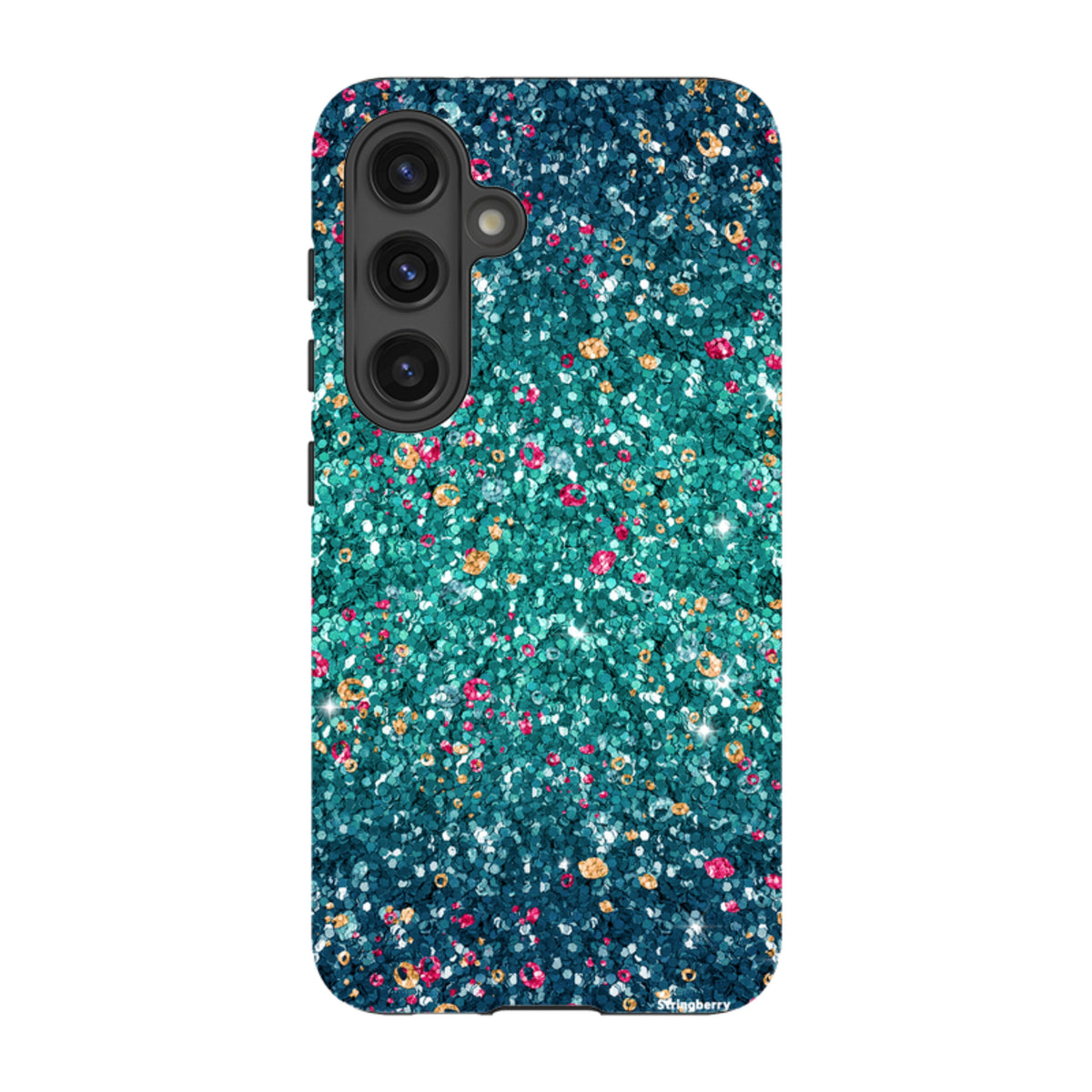 Samsung Tough Case with a teal and multicolored butterfly comet print on a dual-layer protective shell.