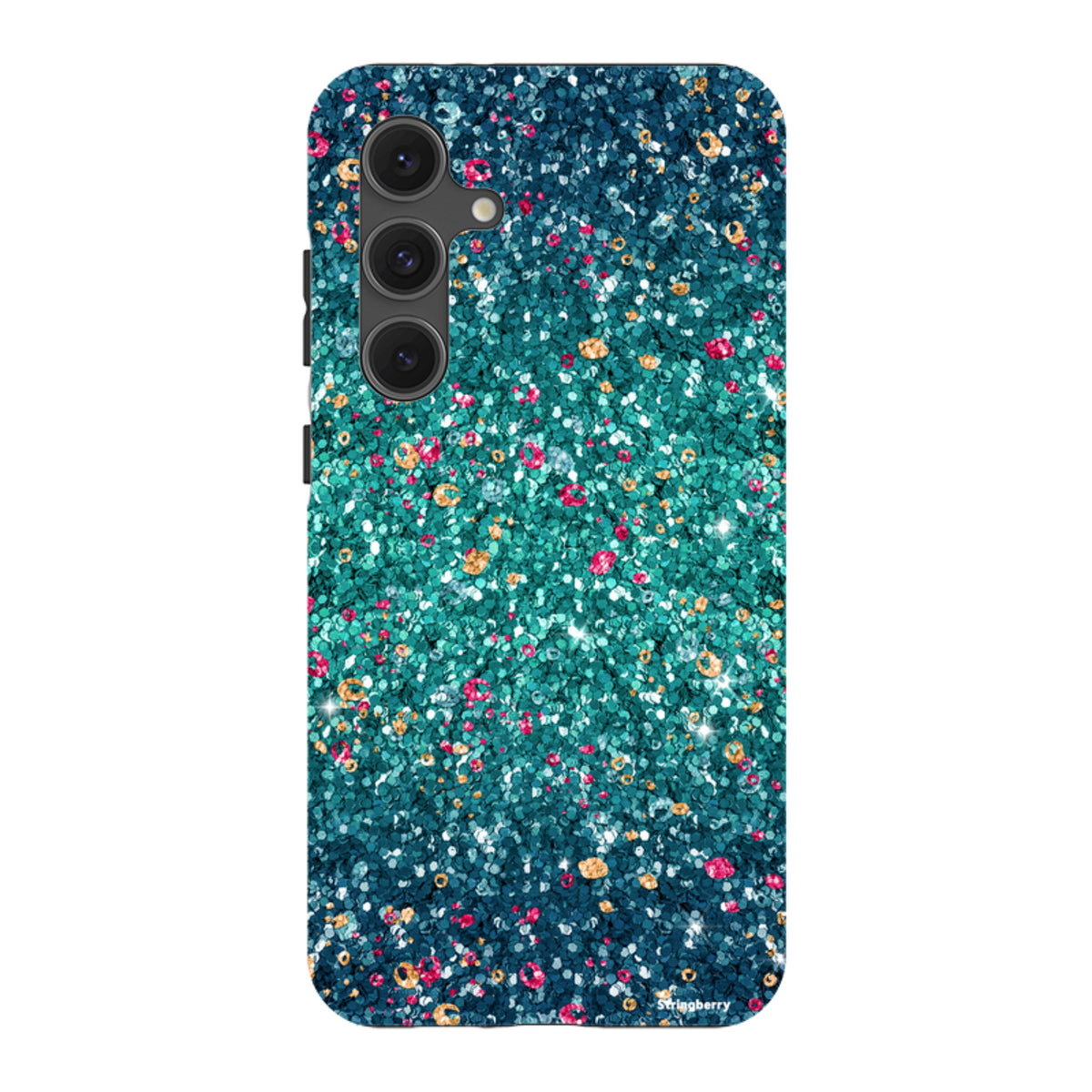 Samsung Tough Case with a teal and blue butterfly comet print, featuring a smooth, non-glitter dual-layer protective finish.