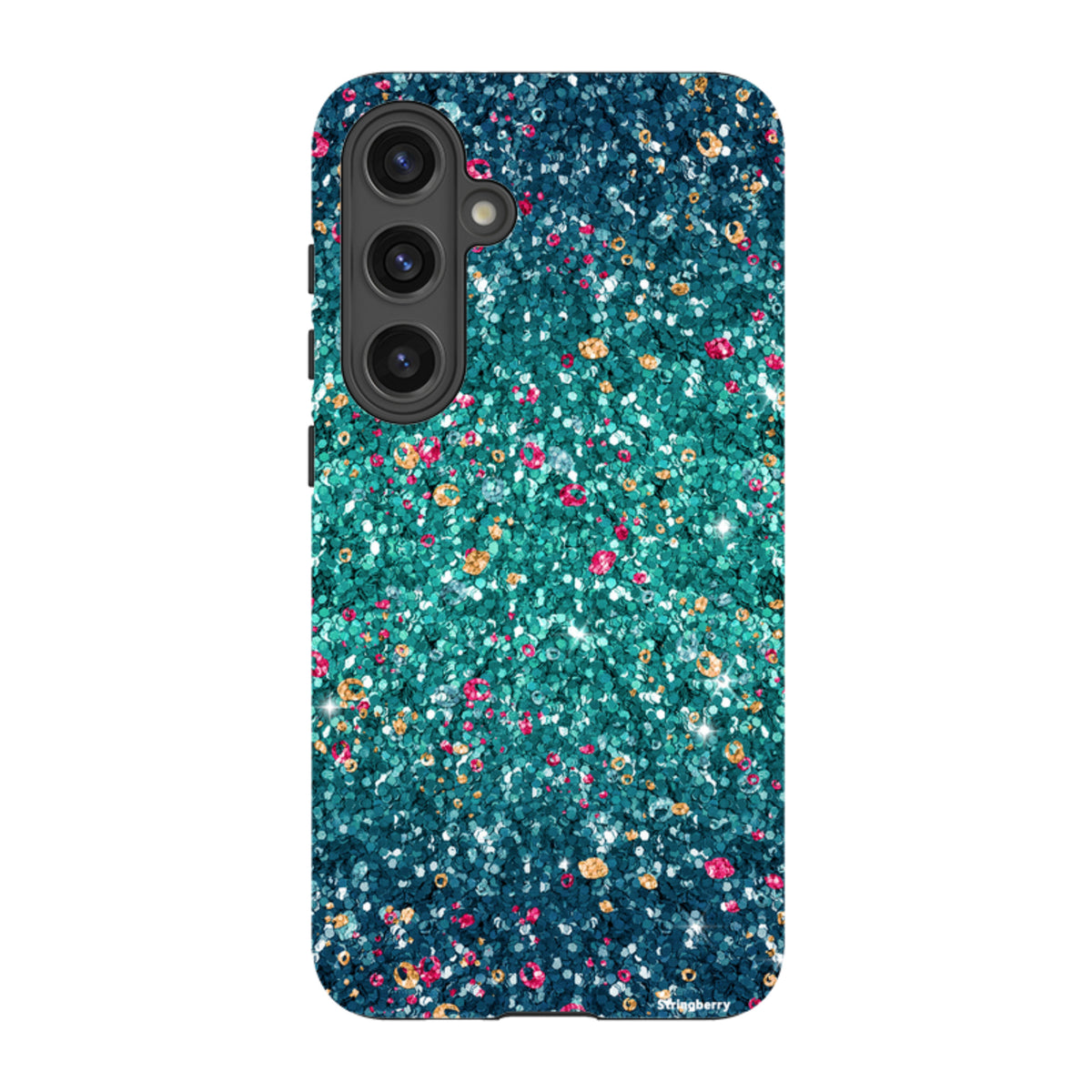 Samsung Tough Case in Butterfly Comet print with teal and pink glitter-effect design on a dual-layer phone cover.