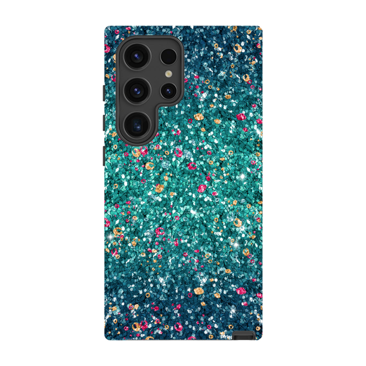 Samsung Galaxy tough case with a matte teal and pink butterfly comet print design.