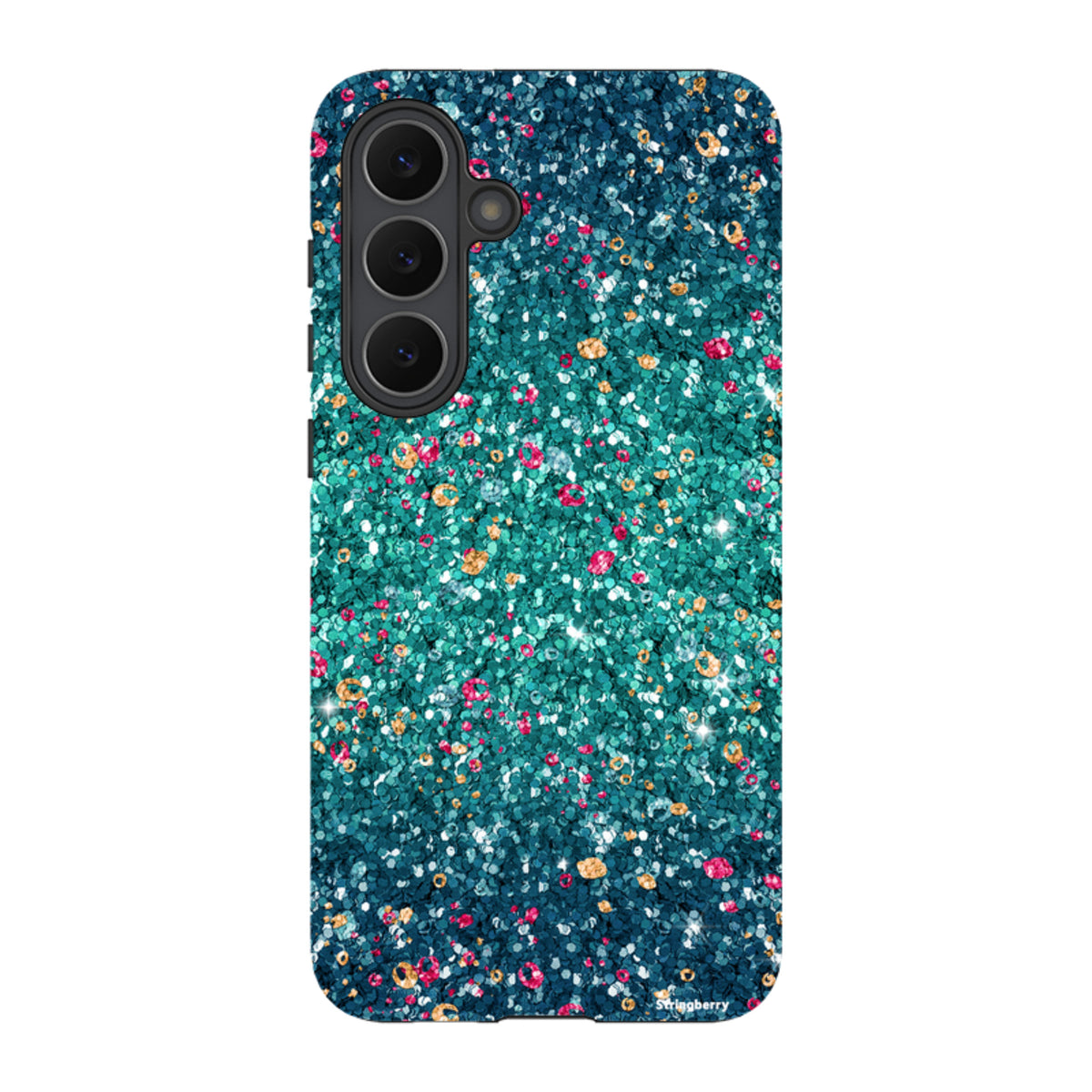 Samsung Tough Case with a teal and gold butterfly comet print on a smooth, non-glitter dual-layer phone cover.