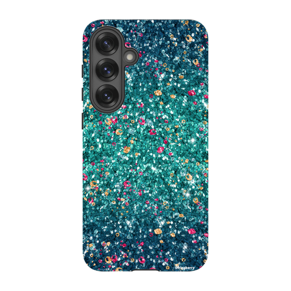 Samsung Tough Case featuring a teal and multicolored printed butterfly comet design with a smooth, non-glitter finish.