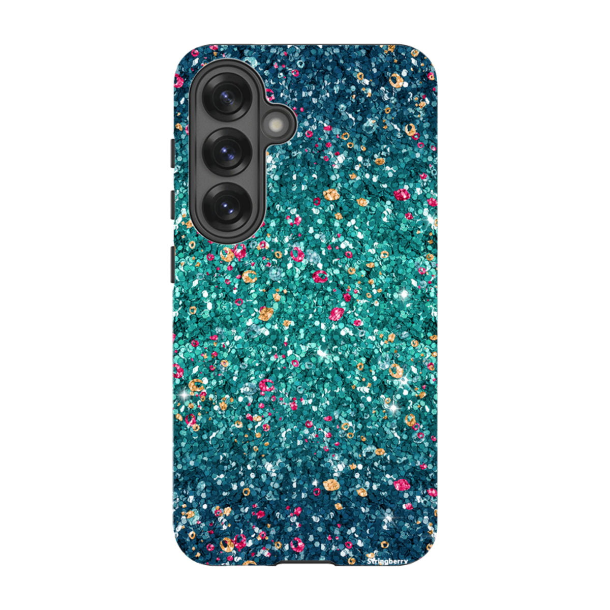 Samsung Tough Case with teal and pink butterfly comet print, featuring a dual-layer design for Samsung Galaxy devices.