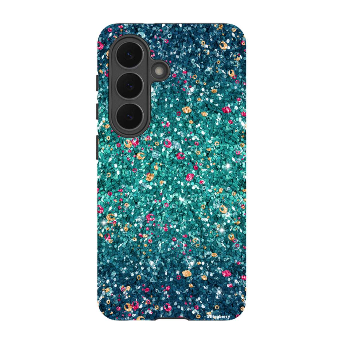 Samsung tough phone case with a teal and multicolored printed glitter design on a dual-layer protective shell.