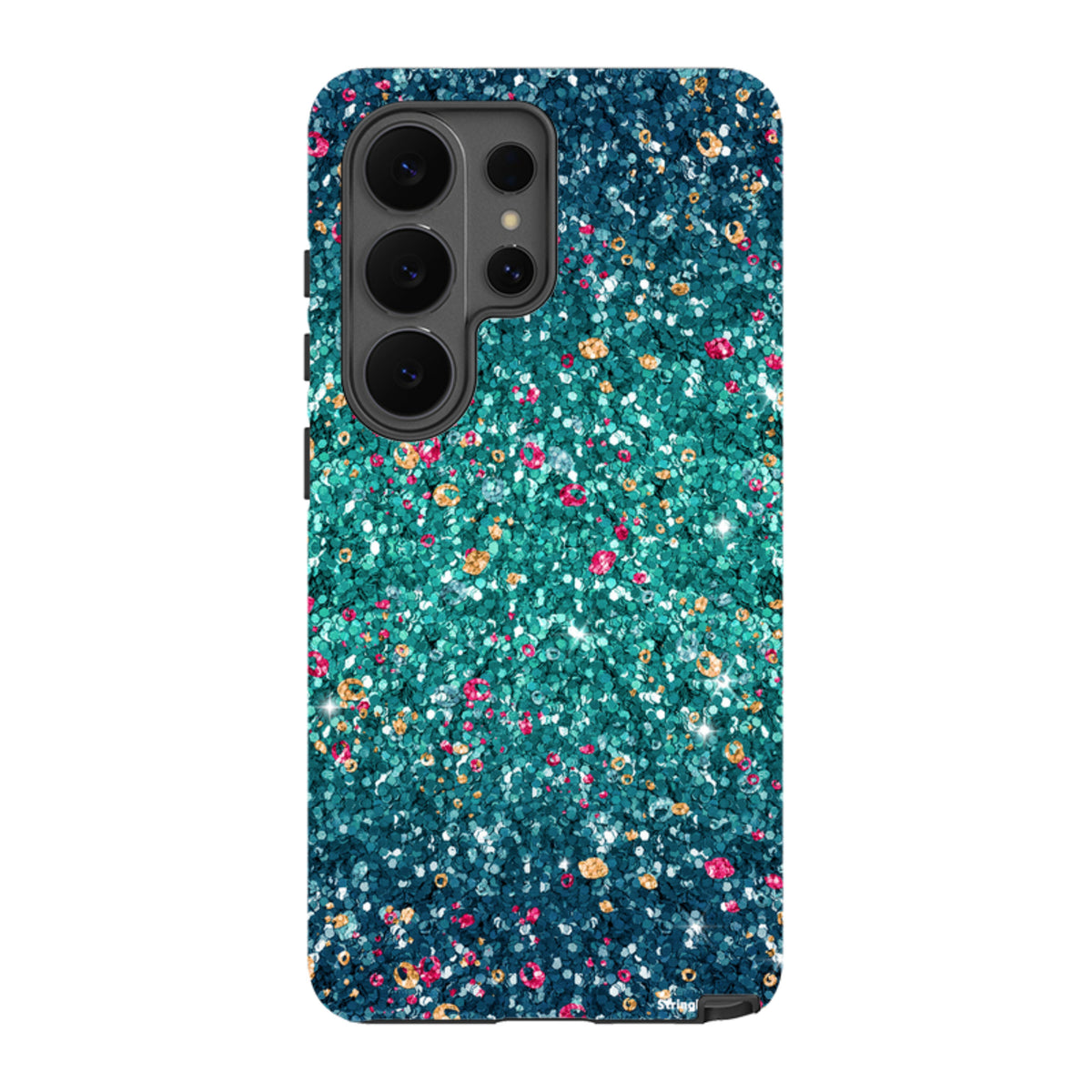 Samsung Galaxy tough case with a teal and blue butterfly comet print featuring a smooth, non-glitter matte finish.