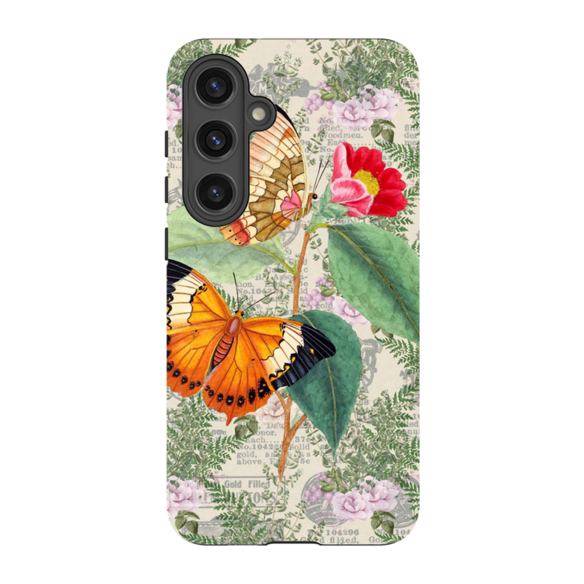 Samsung Galaxy tough case featuring a vintage botanical butterfly and flower print on a cream background.