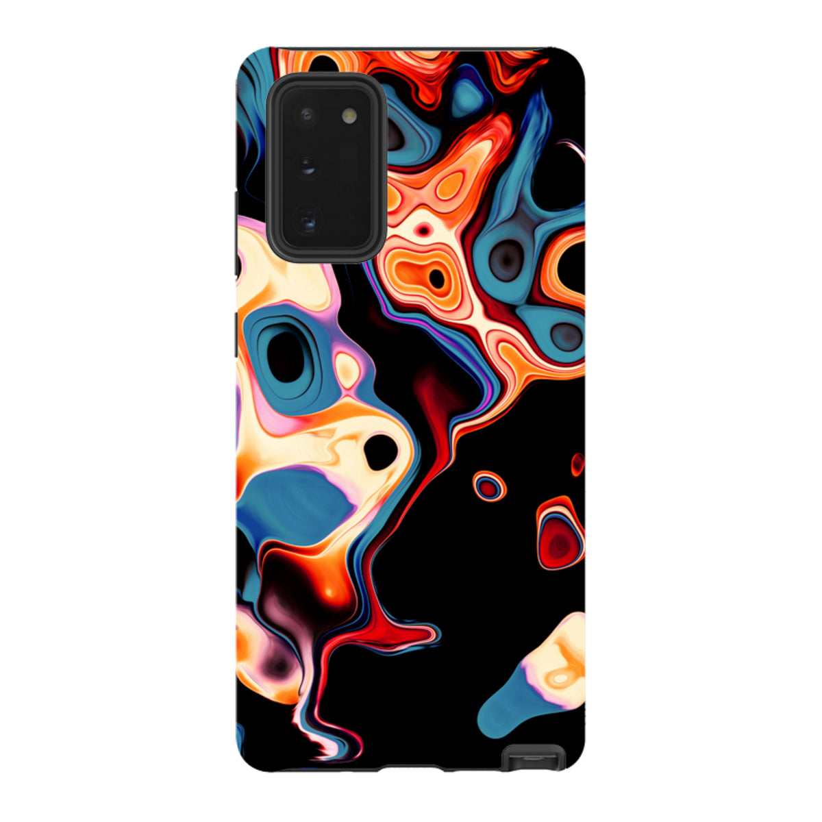 Samsung Tough Case in Butterscotch featuring a vibrant, abstract liquid swirl design with black, orange, and blue accents.
