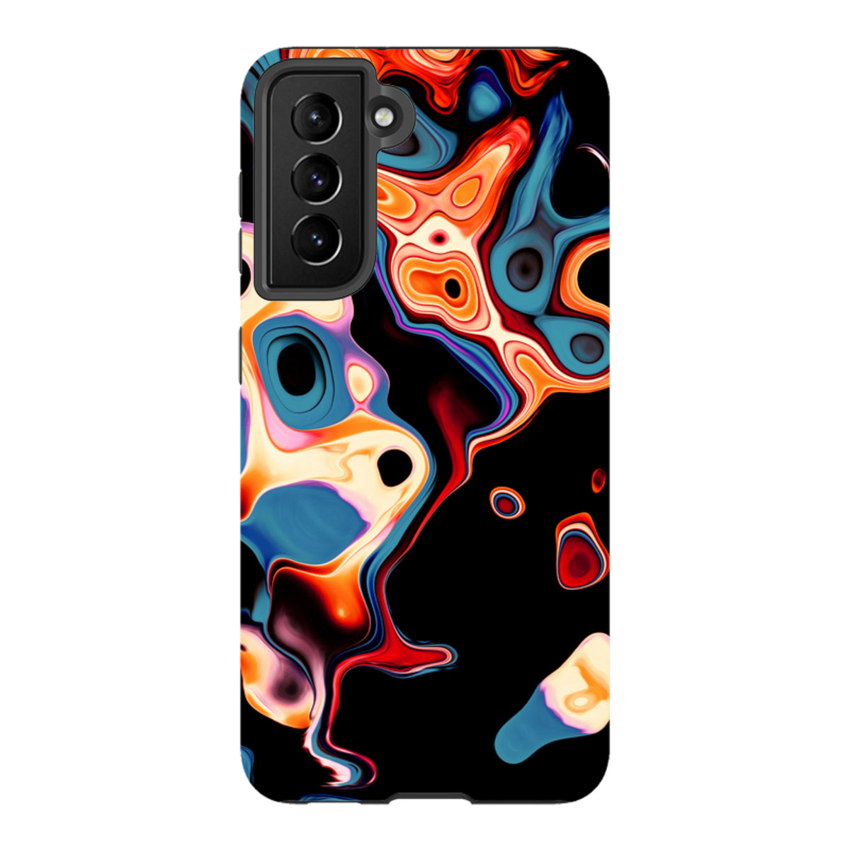 Samsung Tough Case in Butterscotch featuring a vibrant, abstract liquid swirl design with orange, blue, and black patterns.