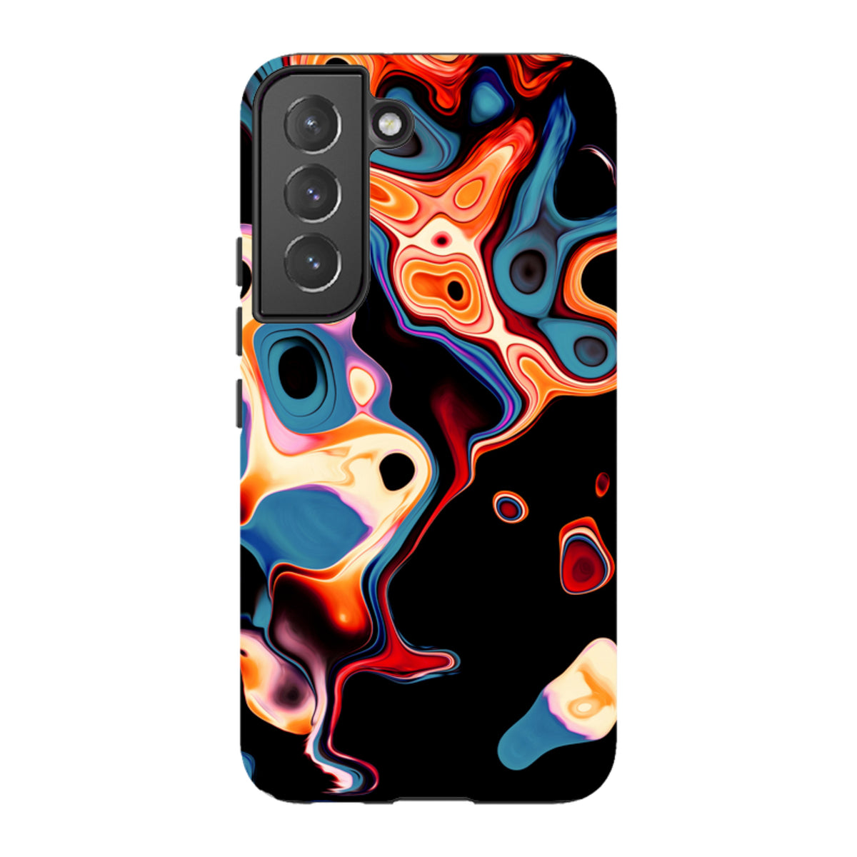 Samsung Tough Case in Butterscotch featuring a vibrant, abstract liquid swirl design on a durable dual-layer shell.