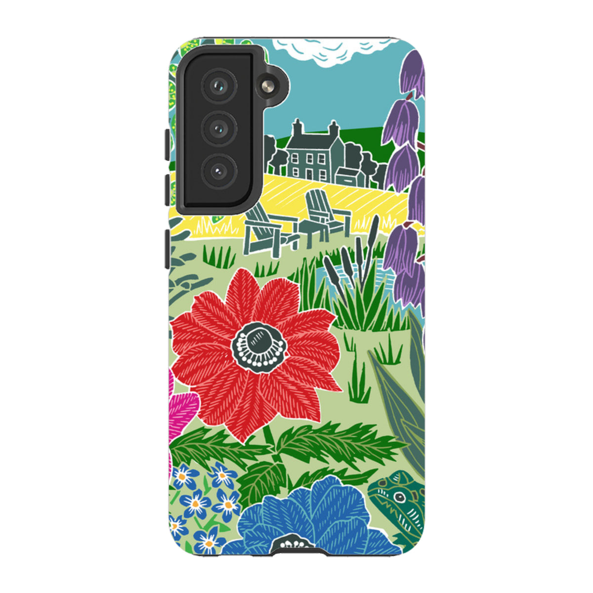 Samsung Tough Case featuring Kate Heiss Camassias floral art with vibrant red and blue flowers on a protective dual-layer shell.