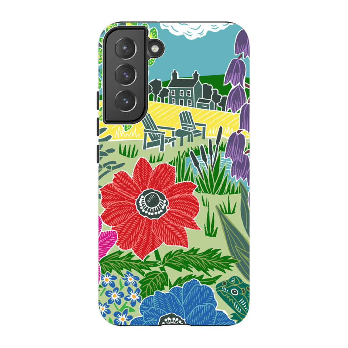 Samsung Galaxy tough case featuring Kate Heiss’s vibrant Camassias garden illustration with red and blue flowers.