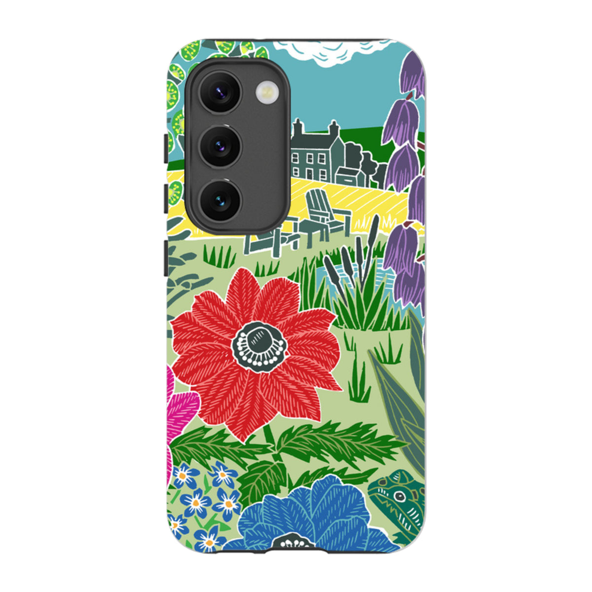 Samsung Tough Case featuring Kate Heiss Camassias floral art with vibrant red, blue, and purple flowers on a phone.