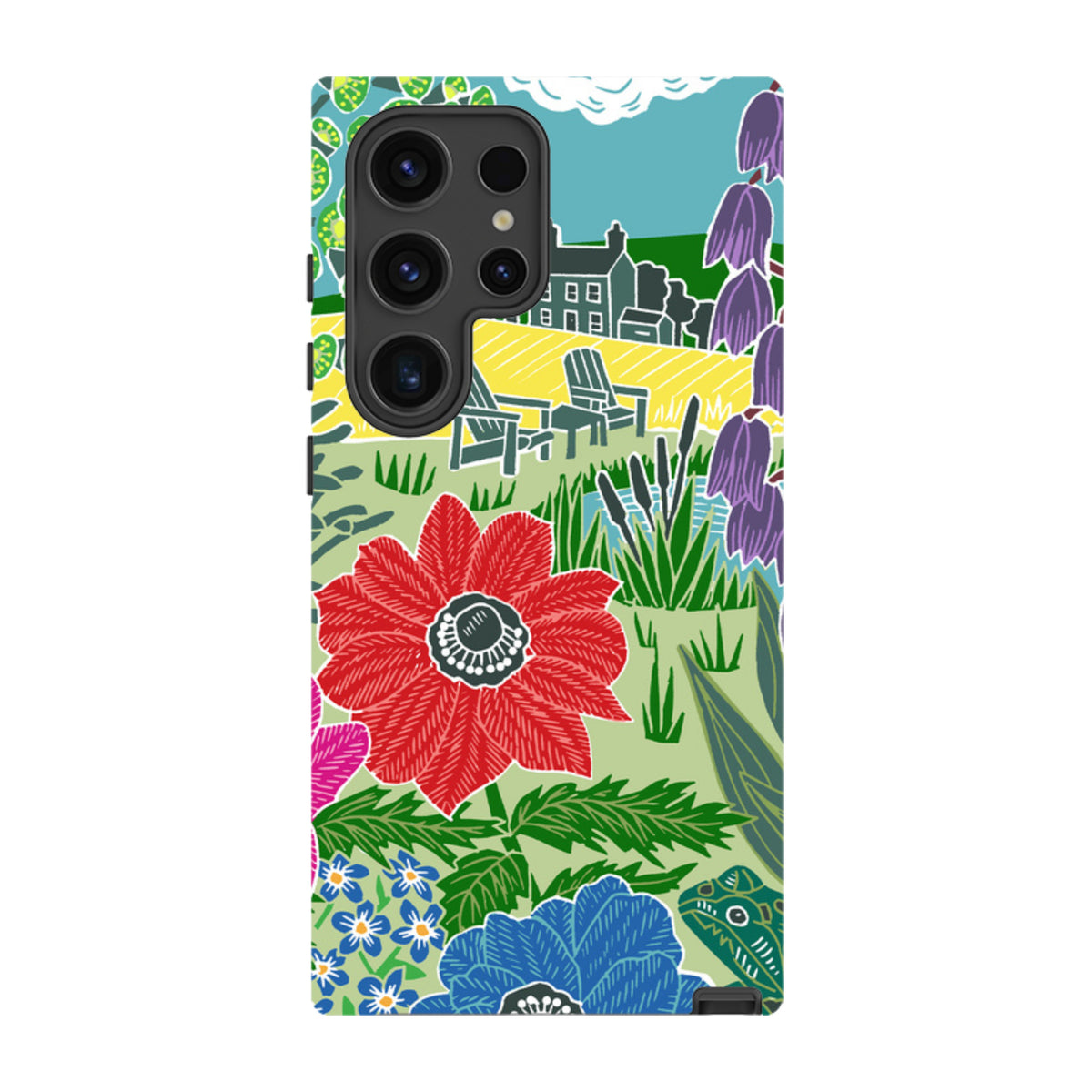 Samsung Tough Case featuring Kate Heiss Camassias floral art with vibrant red, blue, and purple garden illustrations.