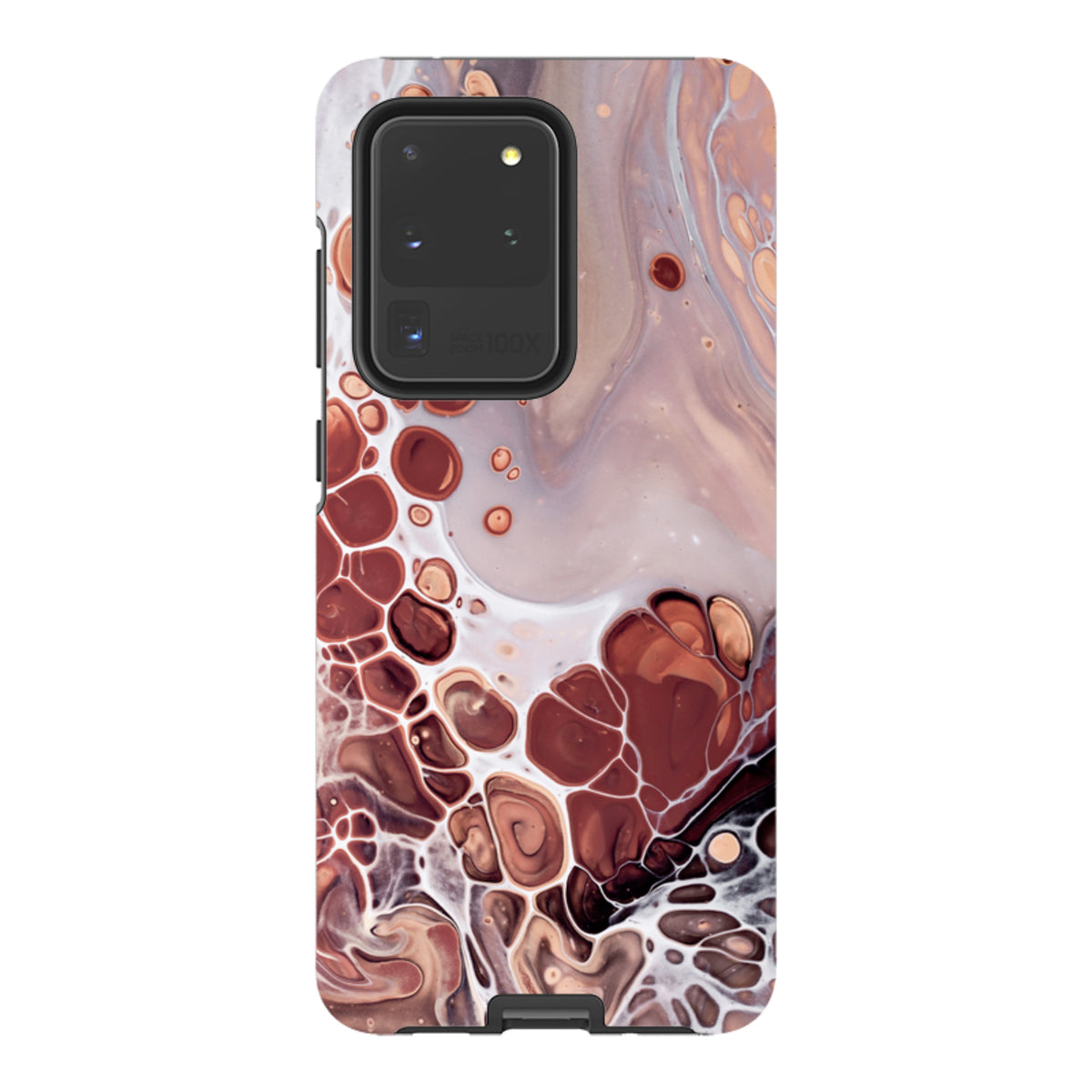 Samsung Tough Case for Galaxy with a brown and white abstract fluid art design and protective dual-layer construction.