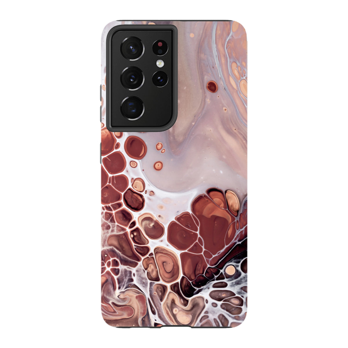 Samsung Galaxy tough case featuring an abstract, fluid paint design in shades of brown, cream, and white with a black camera.