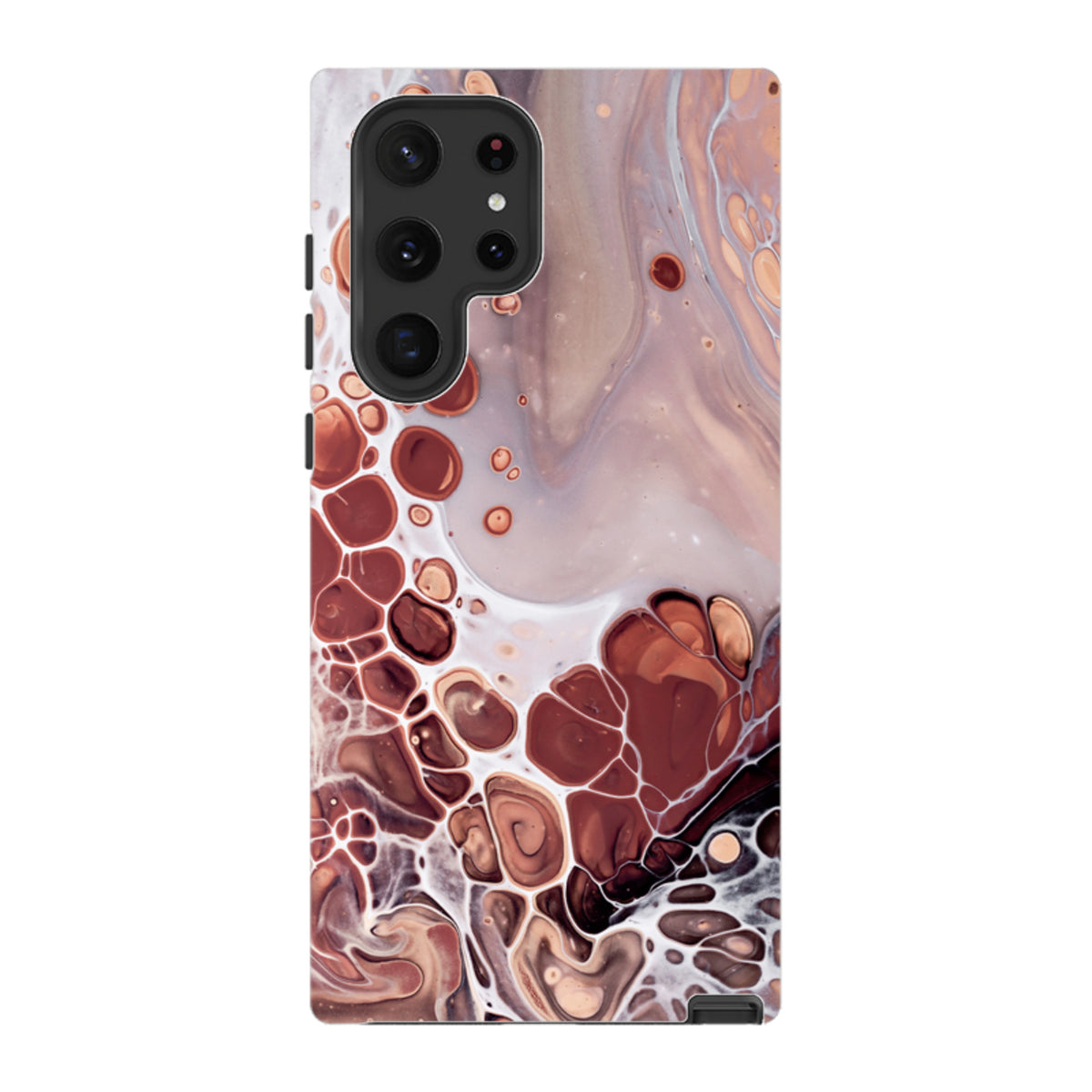 Samsung Galaxy tough case featuring a fluid, marble-like abstract design in shades of brown, cream, and white.