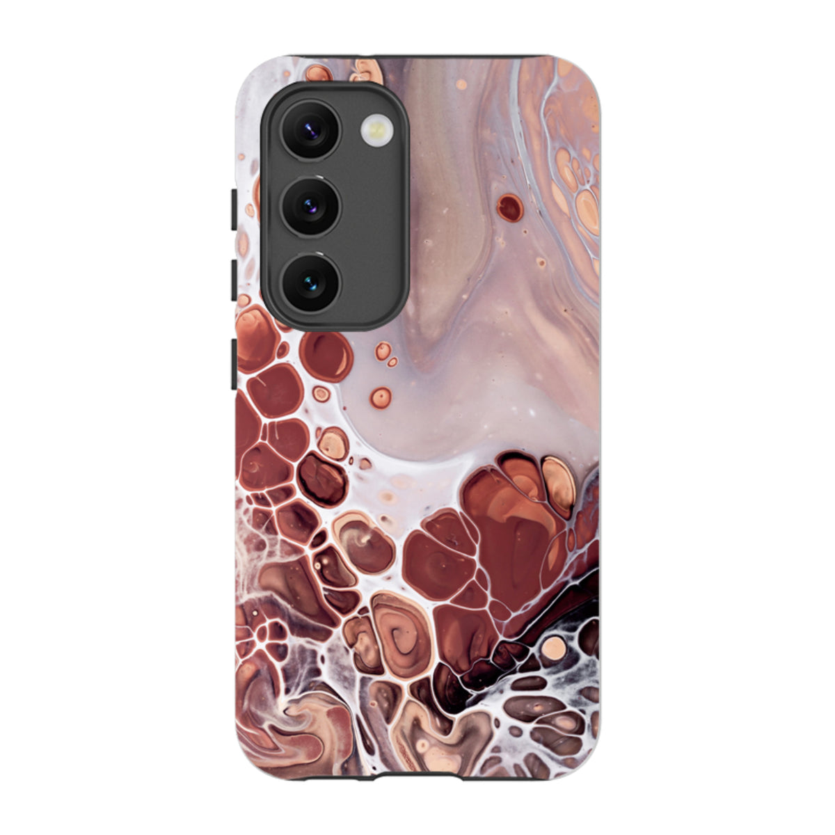 Samsung Tough Case for Galaxy with a brown and cream marbled fluid art design and dual-layer protective shell.