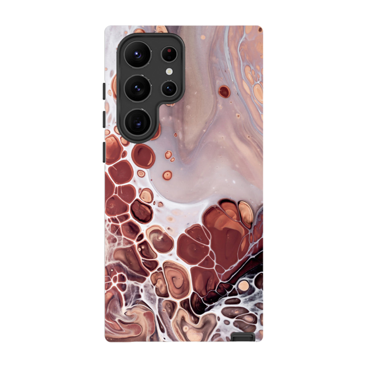 Samsung Tough Case featuring a fluid, marble-like abstract design in shades of brown, cream, and white with a camera cutout.